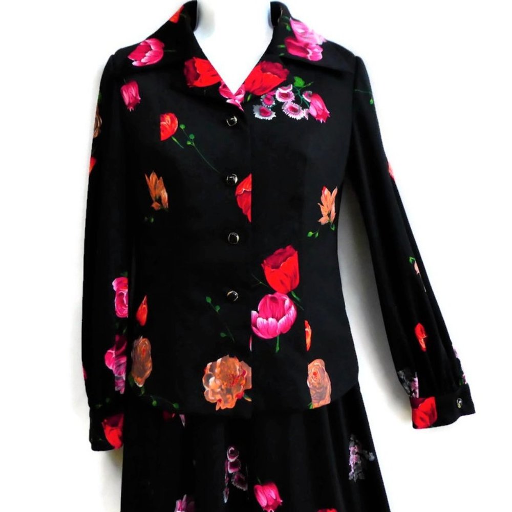 Vintage 70s 2pc Maxi Dress Jacket Suit Set Black Floral Sweetheart V Neck Moody - Picture 5 of 12